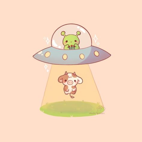 Cute Aliens Drawing, Cartoon Alien Spaceship, Kawaii Cow Tattoo, Space Cute Art, Cute Cow Art Kawaii, Cute Alien Doodle, Alien Cow Tattoo, Cute Spaceship Drawing, Cutsie Drawing