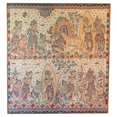 A mid-20th century 'Kamasan' cotton textile painting from Bali, Indonesia. The hand-painted image has great detail and depicts Balinese Hindu mythology. Key features of this image are the large tiger and "naga" (hindu dragon) in the bottom right corner. It is stretched over a canvas, bordered by a teak wood frame and is ready to be wall mounted. Paintings such as these would often adorn the ceilings of temples or homes belonging to high cast individuals and royalty. Dimensions: height 144cm x wi Wayang Bali, Arts References, Balinese Painting, Ogoh Ogoh, Bali Painting, Balinese Style, Modigliani Paintings, Textile Painting, Bali Art