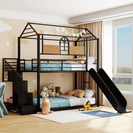 Harper Orchard Halstein Twin over Twin Standard Bunk Bed | Wayfair Bunk Bed Metal, Trundle Bed With Storage, Low Bunk Beds, House Bunk Bed, Metal Bunk Bed, Bunk Bed With Slide, Bed Metal, Bunk Beds With Storage, Bunk Beds With Stairs