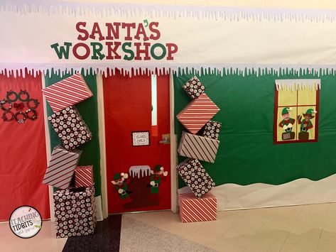 Santas Workshop Theme Decorations Diy, Santas Workshop Theme Decorations, Door Decoration Contest, Christmas Door Contest, Christmas Classroom Decorations, Santas Grotto, Christmas Cubicle Decorations, Christmas Hallway, Classroom Designs