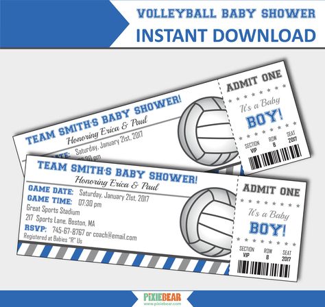 Create easy Volleyball baby shower invitations with this printable invitation template.  Instantly download these ticket invitations and edit the text with all of your party details by typing over the sample text. Personalize these editable invitations for a Volleyball baby shower on your desktop computer or laptop in the free Adobe Reader and print at home. Creating your Volleyball baby shower invitations will be a breeze and they will look so cool! ✶ Each invitation is 2.5 x 7 inches - 4 invit Volleyball Party Decorations, Volleyball Cupcakes, Volleyball Water Bottles, Volleyball Decor, Volleyball Birthday Party, Volleyball Banquet, Volleyball Birthday, Volleyball Party, Party Tickets