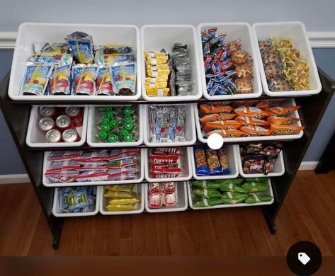 After School Snack Organization Ideas, Breakfast Bar Organization Ideas, Lunch Storage Ideas, Grab And Go Snack Station, Repurpose Toy Bin Organizer, Toy Organizer Repurpose, Daycare Kitchen Organization, Ramen Organization, Repurposed Toy Organizer