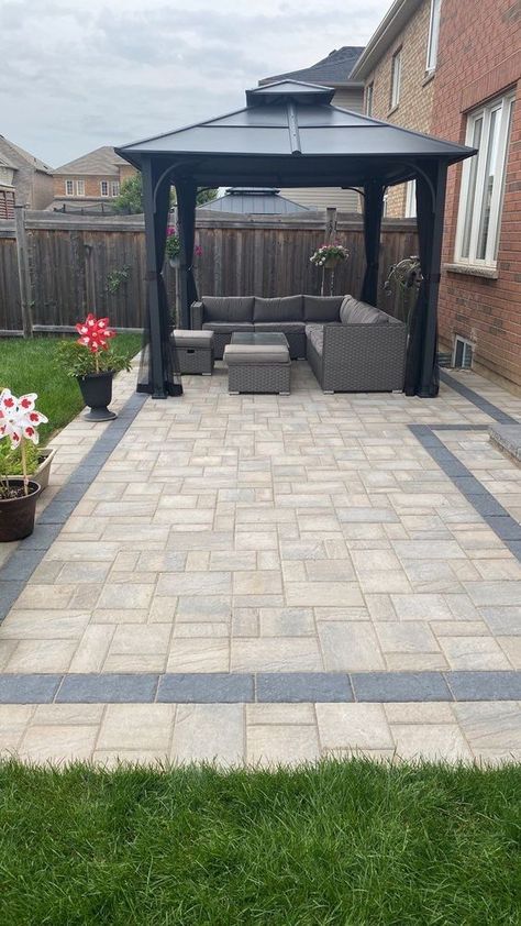 15+ Stunning Paver Patio Ideas for Home in 2023 Backyard Concrete Paver Ideas, Gazebo Ideas Small Backyard, Champlain Grey Techo Bloc, Outdoor Paver Patio Ideas Backyards, Landscaping Ideas With Pavers, Interlock Patio Backyard, Paver Patio Ideas Layout, Backyard Pavers Ideas, Paver Patio Ideas On A Budget