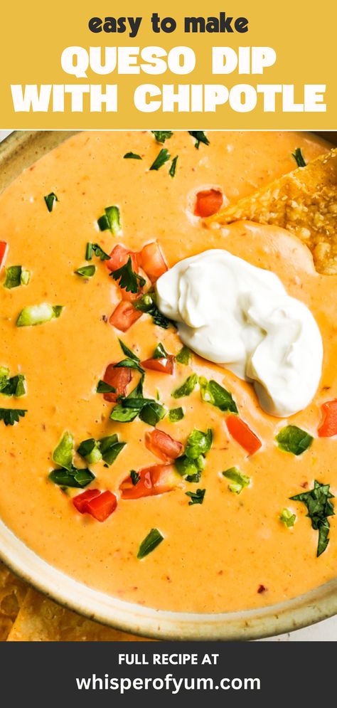 bowl of queso dip with chipotle topped with cilantro, jalapeño, tomato, sour cream, and tortilla chip Pepper Cheese Dip, Spicy Cheese Dip, Chipotle Queso, Crock Pot Queso, Caramelized Onion Dip, Queso Dip Recipes, Party Dip Recipes, Queso Recipe, Spicy Cheese