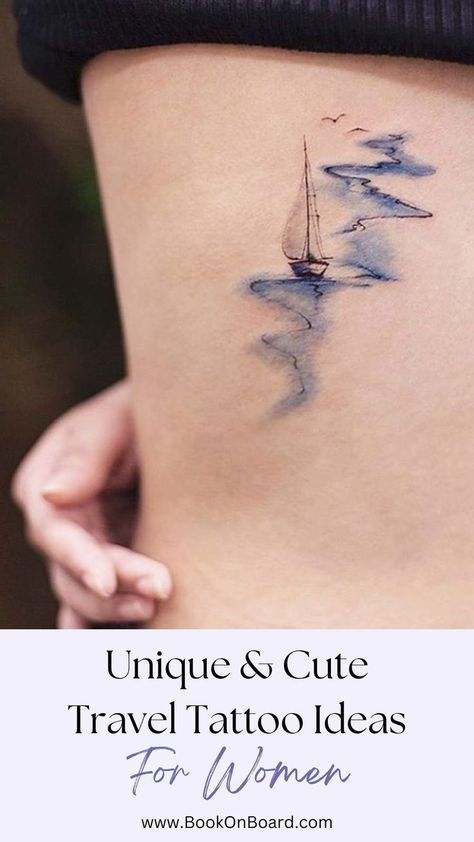 Unique & Cute Travel Tattoo Ideas For Women Travel Tattoo Ideas For Women, Feminine Tattoos Ideas, Wanderlust Tattoos, World Travel Tattoos, Feminine Compass Tattoo, Small Mountain Tattoo, Simple Compass Tattoo, Small Feminine Tattoos, Womens Tattoo Sleeve