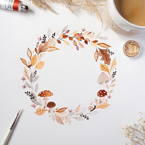 Autumn Wreath Watercolor, Hand Painted Florals, Autumn Wreath Drawing, Fall Wreath Watercolor, Fall Wreath Drawing, Fall Wreath Painting, Fall Watercolor Ideas, Watercolor Art Autumn, Autumn Watercolor Paintings