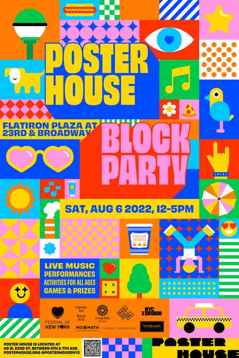 Block Poster Design, Block Party Poster Design, Block Party Graphic Design, Block Party Graphic, Bright Poster Design, Color Block Poster, Party Poster Graphic Design, Block Party Poster, House Party Poster