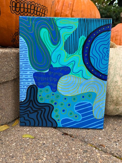 Blue And Green Canvas Painting, Blue And Green Painting Ideas Easy, Cool Ideas To Paint On Canvas, Blue And Green Pattern, Abstract Pattern Painting, Abstract Art Canvas Painting, Easy Painting Patterns, Blue And Yellow Painting Ideas, Pattern Painting Ideas On Canvas