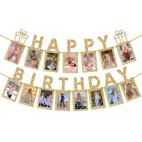 PRICES MAY VARY. LARGE - 10 FEET | GLITTER GOLD HAPPY BIRTHDAY BANNER WITH PHOTO BANNER : An alluring cursive happy birthday banner with a gold photo banner quoting "Happy Birthday" featured with gold elements, printed with gold glitter that adds the beauty and make it glitter birthday party sign, leaving a deep impression on guests when added with gold birthday decorations for men. This gold birthday banner for Men or picture banner for birthday party is a perfect add on to your Happy Birthday Birthday Picture Banner, Gold Happy Birthday Banner, Gold Birthday Banner, Happy Birthday Banner Printable, Happy Birthday Photo, 80th Birthday Decorations, Gold Birthday Decorations, Gold Happy Birthday, 16th Birthday Decorations