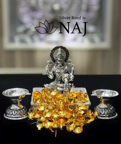 Silver Lakshmi Devi Idol, Naj Jewellery, Silver Idols, Lakshmi Idol, Silver Home Accessories, Puja Items, Ganapati Decoration, Lakshmi Devi, Silver Lamp