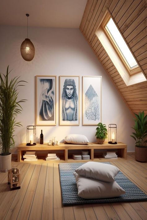 Yoga Studio idea for small attics with low ceilings. Sala Zen, Small Attic Room Ideas, Sala Yoga, Small Attic Room, Zen Room Decor, Attic Room Ideas, Yoga Meditation Space, Yoga Room Design, Home Yoga Room