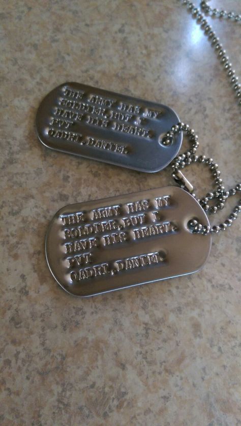 Personalized dog tags: "The army has my soldier but I have his heart" perfect gift for a military girlfriend or milso Dog Tags Military Aesthetic, Army Medals, Army Tags, Army Dog Tag, Military Tags, Tagging Quotes, Rebecca Yarros, Military Aesthetic, Military Girlfriend