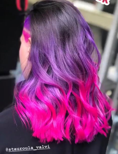 Black Purple Pink Ombre Hair, Pink And Lavender Hair Dark Roots, Dark Purple To Pink Ombre Hair, Pink And Purple Balayage Brunette, Purple And Pink Balayage, Black Pink Purple Hair, Purple Pink And Black Hair, Purple Pink Balayage, Pink Purple Black Hair