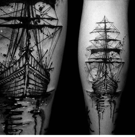 Light House And Boat Matching Tattoo, Pirate Ship Tattoo Thigh, Old Ship Tattoo, Ghost Ship Tattoo, Ship Tattoo Design, Viking Ship Tattoo, Ship Tattoo Sleeves, Waterfall Tattoo, Mermaid Scales Tattoo