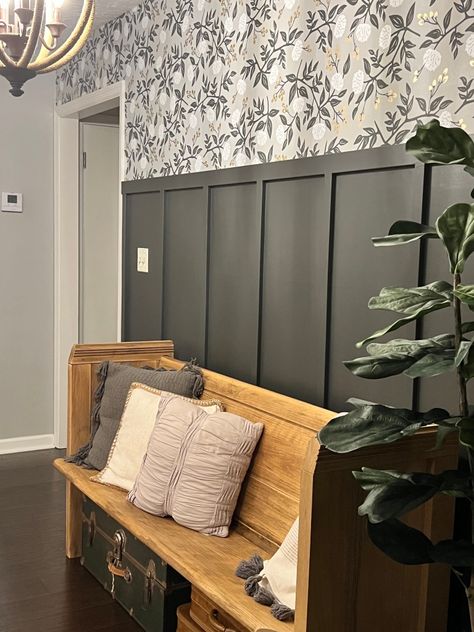 Come on in! Entryway update! – AJ's Cozy Casa Statement Wall Entryway, Board Batten Entryway, Black Beadboard, Entryway Update, Wainscoting Entryway, Waynes Coating, Mudd Room, Foyer Ideas Entryway, Moody Wallpaper