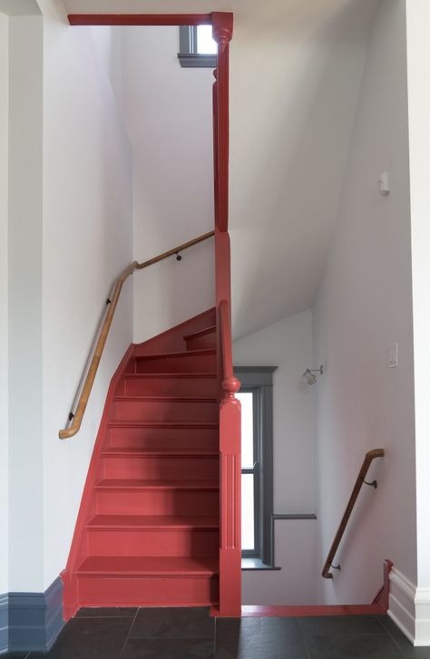 Red Stairs Painted, Victorian Bannister, Burgundy Staircase, Victorian Stairwell, Victorian Handrail, Painted Banister Ideas, Colourful Staircase, Coloured Stairs, Orange Stairs