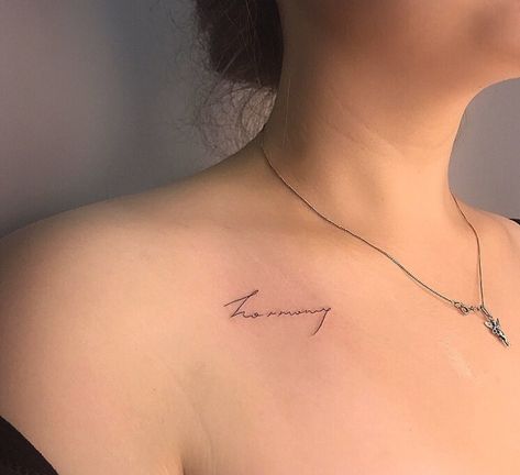 #tattoo #smalltattoo #harmony Harmony Tattoo Words, Word Tattoos Collar Bone, Collarbone Small Tattoo, Harmony Tattoo Ideas, Collarbone Word Tattoo, Collarbone Tattoo Words, Collarbone Tattoo Ideas, Family Disappointment, Joy Tattoo