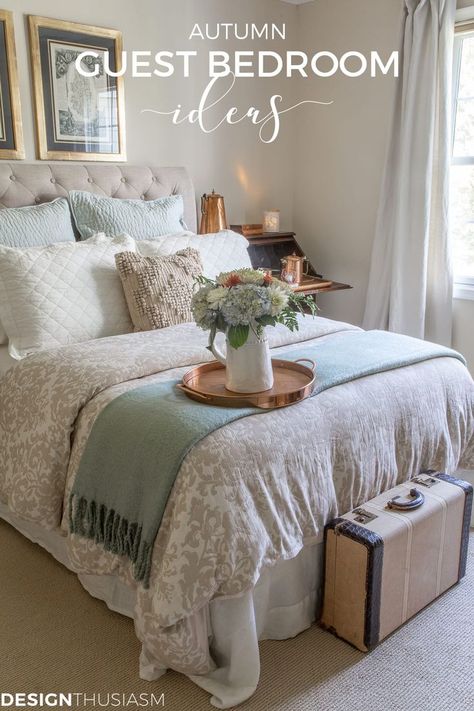 Fall Guest Room Decor | If you have guests visiting this autumn, here are 5 fall guest bedroom ideas to help your visitors feel welcome in your home. -----> #bedroomdecorideas #bedroomideas #bedroomdecor #guestbedroom #guestbedroomideas #guestbedroomdecor #bluebedroom #falldecorideas #fallbedroomdecor #guestroomideas Antique Nightstand, Small Guest Bedroom, Guest Bedroom Ideas, Bedroom Rustic, Fall Bedroom Decor, Guest Bedroom Design, Cosy Cottage, Guest Bedroom Decor, Fall Bedroom