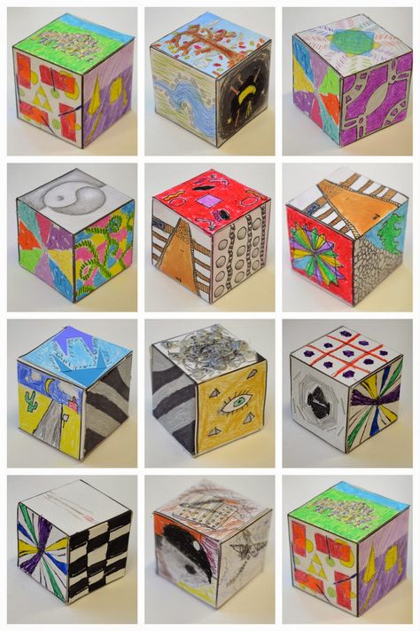 The New Hope Art Gallery: Middle School Art: Elements of Art and Principles of Design Cubes Cube Artwork 3d, Art For Middle Schoolers, Elements Of Art Space, Principle Of Design, 7 Elements Of Art, Classe D'art, Art Cube, High School Art Lessons, Art Education Lessons