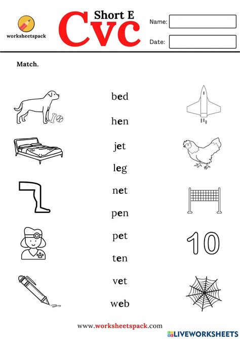 Cvc words short E matching worksheets worksheet Short A Family Words Worksheet, Sound Of E Worksheet, 3letter Words Kids Worksheet, Short E Words Worksheets, E Phonics Worksheet, E Vowel Words Worksheet, Cvc Short E Worksheets, Letter E Sound Worksheet, Short E Sound Worksheets