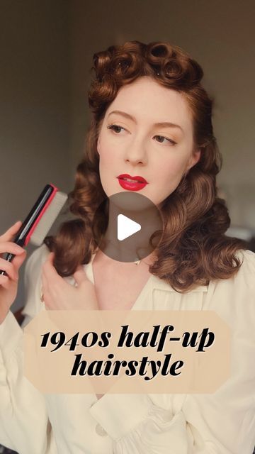 Dahlia • Vintage Fashion & Beauty on Instagram: "1940s half-up hairstyle 🤎 I like the asymmetrical look of this #vintagehairstyle and the fact that it keeps your hair out of your face.

Thank you @laurenrennells for the inspiration to try this #1940shair look. Rather than a swoop on one side I did a few victory rolls instead because why not? 🙂 

How to, part 1
1. Section out the front section of hair (where your bangs would be) and clip the rest out of the way. We curl this section first so it has the longest time for curls to set.
2. Curl the front section using a 1-inch wand, curling up toward your crown and away from your face. Clip curls into place with double prong curl clips.
3. Repeat until all of your hair has been curled and clipped.
4. Allow curls to cool. I usually use this ti 1940s Half Up Half Down Hair, Victory Rolls With Bangs, Long 1940s Hair, 1940s Bangs, Vintage Half Up Half Down Hair, 1940s Hairstyles Tutorial, Pin Curls For Long Hair, 1950 Hairstyles For Long Hair, 1940s Curls