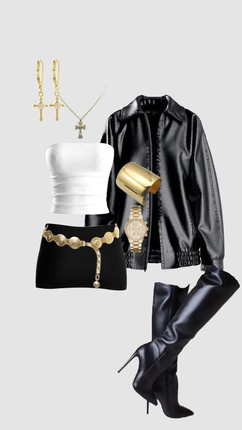 Outfit Nouvel An, Gold And Black Outfits Women, Black And Gold Outfit Parties, Glam Outfits Party Night Out, Partynextdoor Concert Outfit, Gold And Black Outfit, All Black Night Out Outfit, Nye Outfits Parties, Baddie Aesthetic Outfits