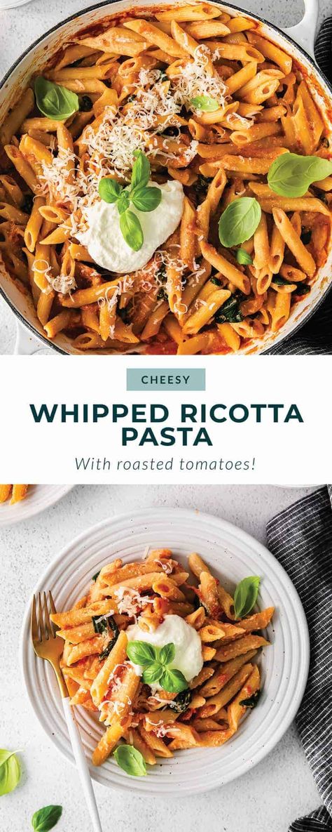 The most delicious whipped ricotta pasta made with roasted tomatoes and garlic will have your family wanting seconds! Pasta With Tomato Paste, Ricotta Pasta Sauce, Roasted Tomatoes And Garlic, Pasta With Roasted Tomatoes, Whipped Ricotta Recipe, Pine Nuts Pasta, Ricotta Pasta Recipes, Balsamic Pasta, Cottage Cheese Pasta