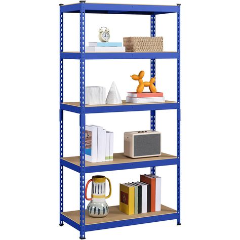 PRICES MAY VARY. 😀 Specifications: Color: Blue; Material: Steel & MDF; Overall size: L 35.5 x W 17.5 x H 72''; Max. Bearing (each layer): 705.5 lb; Gross Weight (product in the box): 51 lb 😀 Sturdy Frames & MDF Boards: A strong iron frame blends certified MDF boards, ensuring the stability and durability of this 5-tier storage rack. Each tier is capable of holding up to 320 kg/ 706 lb (evenly distributed and on a level surface). 😀 Ample Storage: This storage rack creates an additional ample s Shed Storage Shelves, Storage Shelves Garage, Free Standing Kitchen Units, Shed Shelving, Shelves Garage, Garage Shelving Units, Blue Shelves, Shelves Metal, Metal Storage Shelves