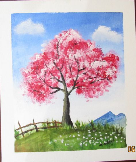 A bright cherry blossom Spring Tree Drawing, Cherry Blossom Acrylic Painting, Blossom Acrylic Painting, Cherry Blossom Acrylic, Kids Painting Class, Cherry Blossom Painting Acrylic, Acylic Painting, Landscape Drawing Easy, Color Pencil Sketch