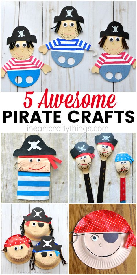 5 awesome pirate crafts for kids, great for a pirate theme unit, Talk Like a Pirate Day crafts and activities, fun summer kids craft and summer camp crafts. Pirate Crafts For Kindergarten, Pirate Crafts For Kids, Pirate Crafts Preschool, Pirate Week, Camping Crafts For Kids, Pirate Activities, Talk Like A Pirate Day, Pirate Crafts, Talk Like A Pirate