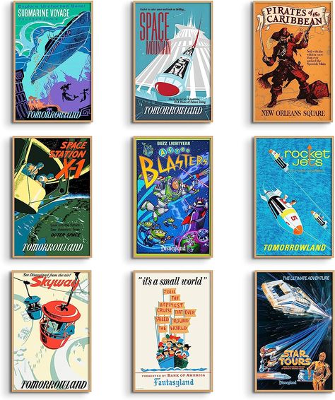 Amazon.com: Disney Ride Posters for Wall, Radiator Springs, Space Mountain, Tower of Terror, Mad Tea Party, Peter Pan's Flight, Disney Ride Reproduction Wall Art (set of 9, 11 x 17) Vintage Disney Posters : Office Products Disney Ride Posters, Tiki Room Disney, Vintage Disney Posters, Posters For Wall, Disney Themed Rooms, Disney Ride, Its A Small World, Disney Wall Decor, Disney Room