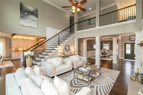 Living Room With Stairs Layout, Living Room With Stairs, Vault Ceiling, Theater Lighting, Dreamy Living Room, Interior Balcony, Stair Well, Smelling Good, Stairs In Living Room