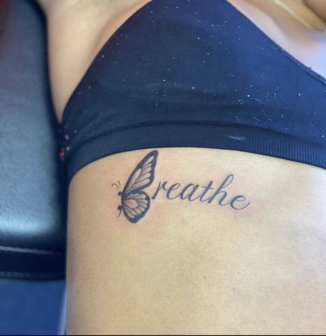 Side Wrist Tattoos Black Women, Wrist Tattoos For Women Semicolon, Ways Tattoo With Butterfly, Butterfly Breathe Tattoo, Tiny Tattoos Black Women, Breathe Butterfly Tattoos, Breathe Tattoos With Butterfly, Small Baddie Tattoo Ideas, Breathe Tattoos For Women