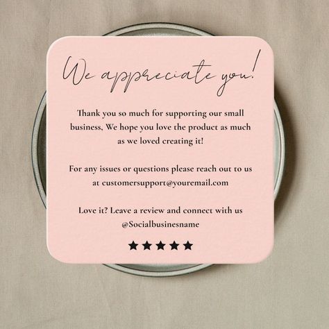 Leave Us A Review | Customer Feedback | Thank You Blush Pink Business Card


Express gratitude and encourage valuable customer feedback. This square business card features a heartfelt "Thank You" and prompts customers to "Leave a Review". Thank You Customer Card, Square Thank You Card, Thank You Card For Customer, Creative Thank You Cards Business, Thank You Notes For Customers, Customer Feedback Design, Thanks Card For Customer, Thank You Business Cards, Resale Business