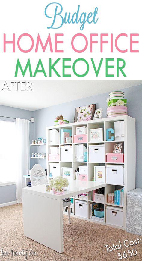 Budget Home Office / Craft Room Makeover Budget Home Office, Home Office Craft Room, Craft Room Makeover, Ikea Skadis, Home Office Makeover, Feminine Home Offices, Room Studio, Dream Craft Room, Craft Room Design