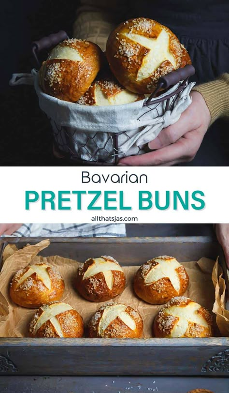 Easy to make homemade Bavarian pretzel rolls aka Laugenbrötchen are soft on the inside with a salty chewy crust. Use them for burgers, sandwiches, or dip in sauces or soups. | allthatsjas.com | #pretzels #baking #buns #rolls #breakfast #sandwiches #pastry #easy #homemade #German #Bavarian #Laugenbrötchen #pretzelsalt #allthatsjas #recipes #holidayrecipes #Thanksgiving #yeast #lye #salted #Oktoberfest #breadrolls #hambugerbuns #dough #bread Soft Pretzel Rolls, Pretzel Rolls Recipe Easy, Pretzel Bun Burger Ideas, Serving Bread Presentation, Homemade Pretzel Buns, Japanese Bread Buns, Bread Machine Pretzel Dough, Pretzel Bun Sandwich Ideas, German Bread Recipes