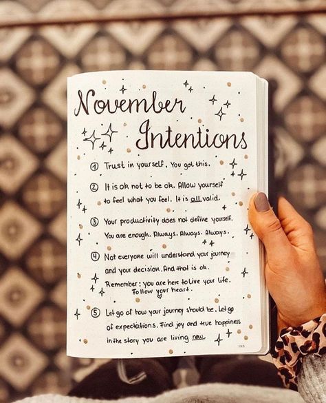 Positivity for your month. What will your November intentions be? -artist unknown. What Are Your Intentions, Mindfulness Journal Prompts, Shape Fitness, Journal Inspiration Writing, Bullet Journal Mood Tracker Ideas, Happiness Project, Gratitude Affirmations, Bullet Journal Mood, Planner Tips