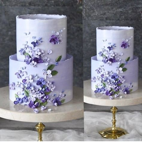 Buttercream Flower Tiered Cake, White Cake With Lavender Flowers, Two Tier Wedding Cake Lavender, Purple Buttercream Flowers, Purple Tiered Cake, Lavender Cake Ideas, Violet Cake Design, Violet Flower Cake, Purple Wedding Cake Elegant