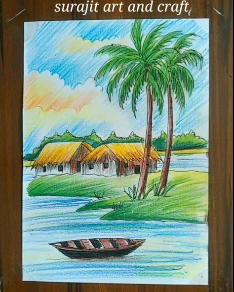 village scenery drawing withcolour pencil Colour Pencil Scenery Drawings, Beautiful Senary Drawing Easy, Painting Ideas Village, A Village Scene Drawing, Village Scene Drawing Pencil Sketch, Pencil Colour Landscape Drawing, Village Scene Drawing Pencil Colour, Natural Seen Drawing, Scenery Pencil Colour