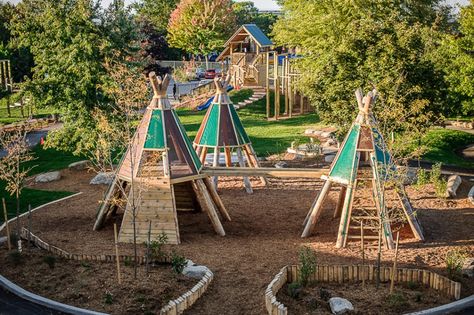 Wigwam Village at Ottawa Montessori. Like it but notice there are few manipulatives for the children. Natural Play Spaces, Playground Landscaping, Outdoor Play Spaces, Playground Areas, Playground Ideas, Outdoor Play Areas, Diy Playground, School Playground, Natural Playground