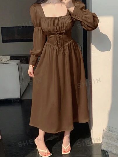 Brown Dress Long Sleeve, Brown Midi Dress Outfit, Brown Dresses Outfit, Midi Dress Outfit, Brown Flares, Brown Midi Dress, Frock For Women, Fashion Top Outfits, Dresses Aesthetic