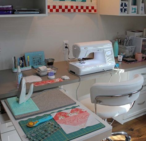 Three ways to make your sewing space more efficient - The Crafty Quilter Sewing Spaces Small, Sewing Room Furniture Ideas, Sewing Rooms In Small Spaces, Sewing Room Setup, Quilting Rooms In Small Spaces, Sewing Closet Ideas Small Spaces, Sewing Room Organization Work Stations, Quilt Studios Sewing Spaces, Closet Sewing Space