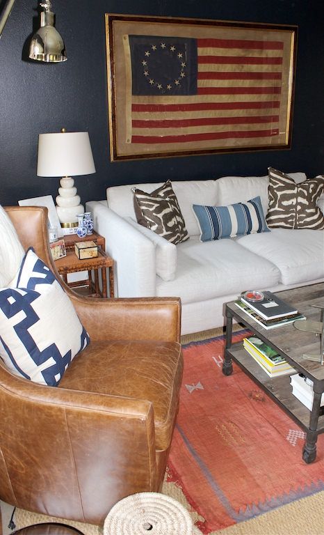 Merrimac Residence | Amy Berry Design White Sofa Leather, Navy Den, American Flag Living Room, Vintage Industrial Interior, Amy Berry, Polo Bar, Sofa Leather, Industrial Style Decor, White Sofa