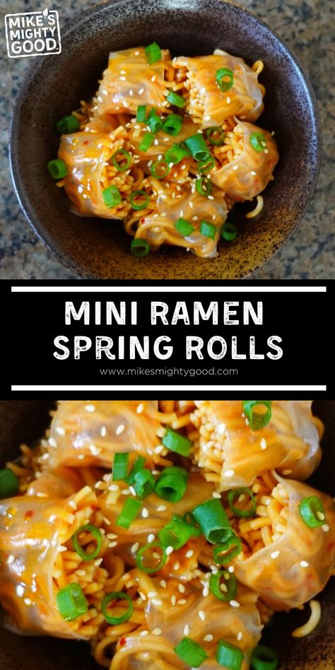 Mini ramen spring rolls are the perfect snack or appetizer for any occasion. These bite-sized spring rolls are filled with ramen noodles in a savory sauce and then wrapped in a rice paper shell. Ramen Noodle Spring Rolls, Ramen Wrapped In Rice Paper, Spring Roll Noodles, Rice Wrapper Spring Rolls, Ramen Rice Paper Rolls, Spring Roll Filling Ideas Rice Paper, Rice Wraps Spring Rolls, Ramen Spring Rolls, Rice Paper Rolls Fillings