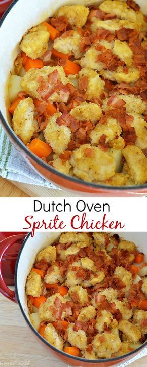 Dutch Oven Sprite Chicken Sorry - but with the potatoes, sprite and flour, this yummy-looking dish is not low carb. :( Dutch Oven Sprite Chicken, Sprite Chicken Dutch Oven, Fancy Dutch Oven Recipes, Mountain Dew Chicken Dutch Oven, Dutch Oven Chicken Recipes For Camping, Chicken And Potatoes Dutch Oven, Mountain Dew Chicken, Dutch Oven Dinners For Camping, Dutch Oven Chicken And Potatoes