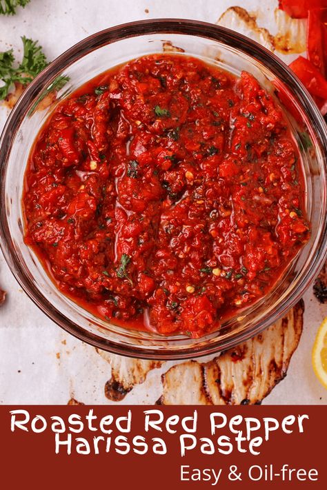 Learn to make homemade red pepper harissa paste with bold, spicy flavors. This harissa recipe is easy, healthy, and made without added oil. #anothermusicinadifferentkitchen #chilipaste #redpepperpaste