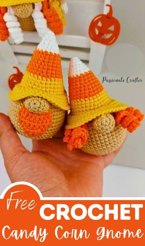 For kids, crochet this small Candy Corn Gnome Amigurumi, an easy-to-follow crochet project perfect for beginners. This adorable gnome, featuring candy corn colors, adds a whimsical touch to your Halloween decor. There are two versions available. Halloween Crochet Candy Corn, Halloween Bazaar Ideas, Crochet Halloween Gnomes Free Pattern Easy, Candy Corn Gnome Crochet, Small Gnome Crochet Pattern, Pumpkin Gnome Crochet Pattern, Diy Crochet Halloween Decor, Crochet Pumpkin Gnome, Crochet Ideas For Halloween