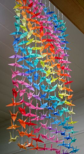 I already know how to make paper cranes, so now I'm wondering if I could do something like this to make a chandelier.  Thoughts? 1000 Paper Cranes, Liturgical Art, Collaborative Art Projects, Rainbow Diy, Origami Cranes, Paper Cranes, Magical Home, Origami Crane, Collaborative Art