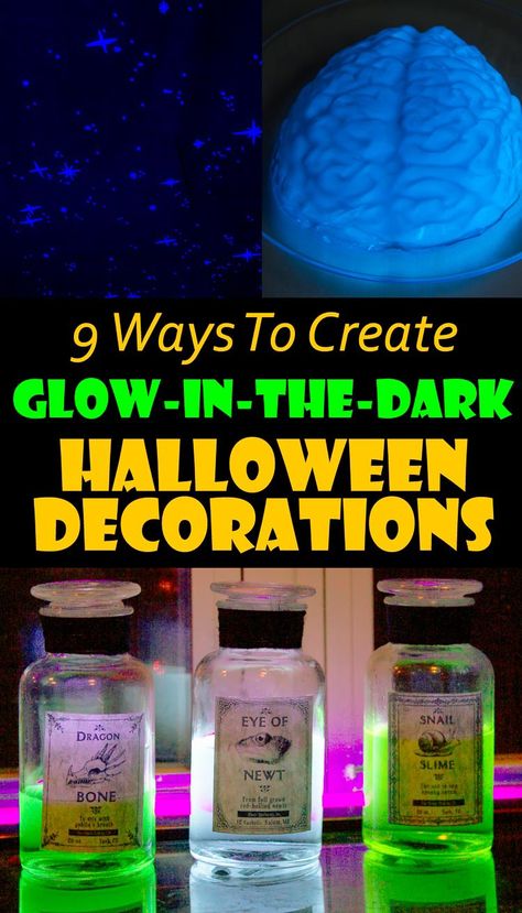 Glow In The Dark Liquid Diy, Glowing Jars Diy, Diy Glow In The Dark Halloween Decor, Glowing Halloween Decorations, How To Make Glowing Potions, Glow Stick Halloween Decorations, Diy Glowing Potion Bottles, Glow Halloween Decorations, Halloween Glow In The Dark Decorations