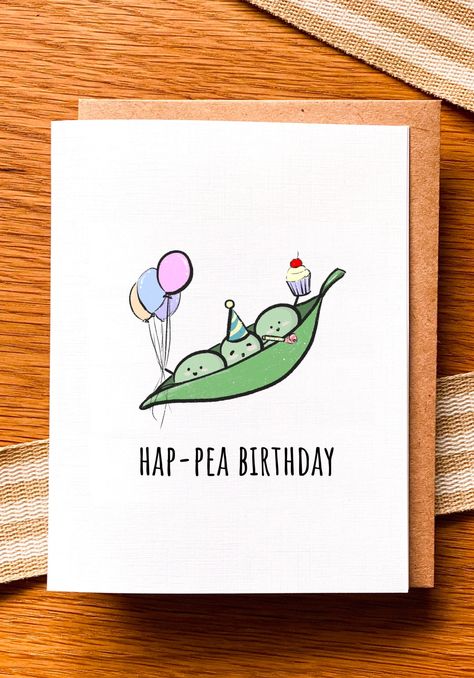 Hap Pea Birthday Card - Sweetpeas Card - Peas with balloons bday Card - kids birthday - Pun card Who doesn't like a good pun for their birthday? This cute little Pea card is perfect t! - Free shipping on all Paintedwaterworks orders $20 and over! They do not have to be the same card! If your purchase from my Etsy store is $20 or more, you will get free shipping!  - SIZE: 5.5 inches by 4.25 inches - Materials: Heavyweight White Linen Textured Card Stock and A2 Size Craft Colored Envelope Cute Homemade Cards Birthday, Happy Birthday Pun Cards, Gardening Birthday Cards, Funny Watercolor Cards, Diy Birthday Card Ideas Creative, Handmade Birthday Card Ideas Creative, Doodle Birthday Cards, Kids Birthday Cards Handmade, Bday Cards Diy Creative